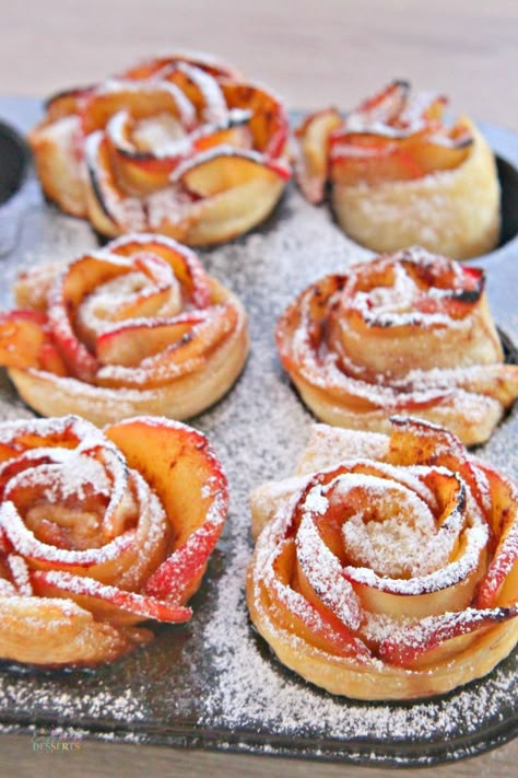 Apple Roses Recipe, Baked Apple Roses, Apple Rose Pastry, Apple Rose Tart, Apple Pastry, Romantic Desserts, Apple Puff Pastry, Rose Recipes, Dessert Party