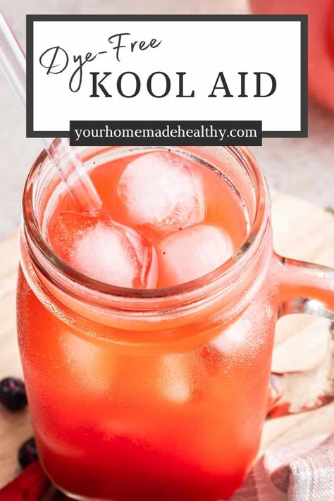 Cool off this summer with this easy Dye Free Kool Aid. Made with only 3 ingredients in under 20 minutes, you'll have a refreshing pitcher-sized drink to sip on all summer long! Homemade Kool Aid, Healthy Kool Aid, Drinks Without Red Dye 40, Dye Free Drinks For Kids, Dye Free Drinks, Kool Aid Drinks, Diy Koolaid, Red Dye 40, Kool Aid Packets