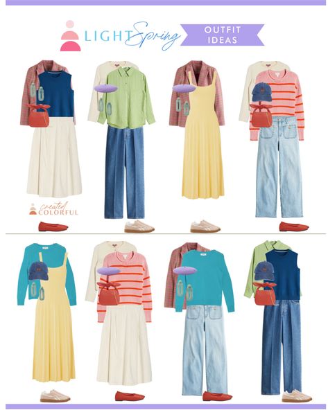 Light Spring Color Analysis Outfits, Light Spring Winter Outfits, Capsule Wardrobe Colorful, Light Summer Color Palette Outfits, Light Spring Color Palette Outfits, Warm Spring Makeup, Colorful Capsule Wardrobe, Light Spring Palette, Light Spring Color Palette