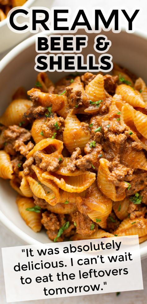 Pasta Shells With Ground Beef, Shells With Ground Beef, Creamy Beef And Shells, Beef And Shells, Ground Beef Pasta Recipes, Shell Pasta Recipes, Beef Pasta Recipes, Ground Beef Pasta, Shells Recipe