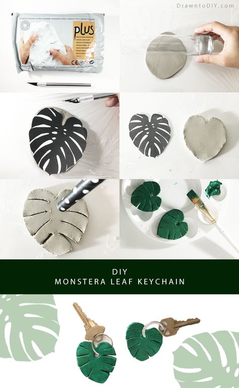 DIY Clay Monstera Leaf Keychain by Drawn to DIY Air Dry Clay Craft, Easy Air Dry Clay, Joululahjat Diy, Diy Fimo, Fun Diy Craft Projects, Clay Keychain, Diy Air Dry Clay, Air Dry Clay Projects, Clay Crafts Air Dry