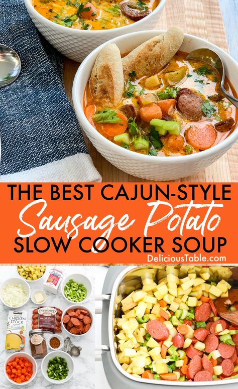 Cajun-style sausage potato soup is a spicy, easy soup filled with vegetables and andouille sausage. Make in a slow cooker or a pot on the stove!  Every spoonful is comforting and zesty. Loaded with hearty vegetables and slices of and slices of andouille sausage. Cajun Potato Soup, Potato Soup Slow Cooker, Cajun Seasoning Recipe, Cajun Potatoes, Soup Slow Cooker, Sausage Potato Soup, Dinner Soup, Slow Cooker Potato Soup, Cajun Sausage