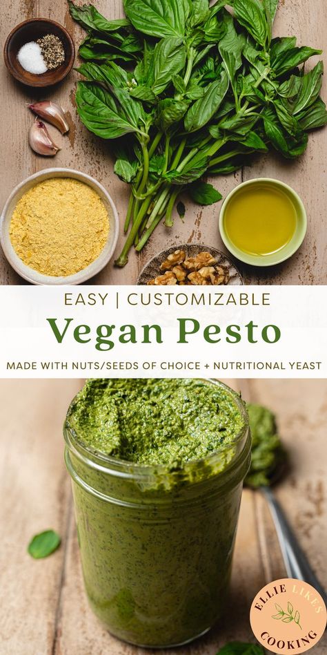 Vegan pesto made with nutritional yeast, nuts/seeds of choice, basil, and optional greens. This recipe is customizable and so easy to make! #vegan #pesto #dairyfree #easyrecipe Easy Vegan Pesto, Vegan Pesto, Nuts & Seeds, Nutritional Yeast, Inspired Recipes, Delicious Vegan Recipes, Healthy Sweets, Nut Free, Gluten Free Vegetarian