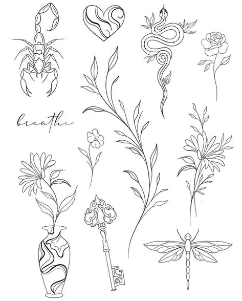 Fineline Floral Tattoo Design, Fine Line Tattoo Stencil, Floral Flash Tattoo, Fine Line Tattoo Flash, Tiny Tattoo Flash, Flower Line Tattoo, Fine Line Floral Tattoo, Tropical Flower Tattoos, Bohemian Tattoo