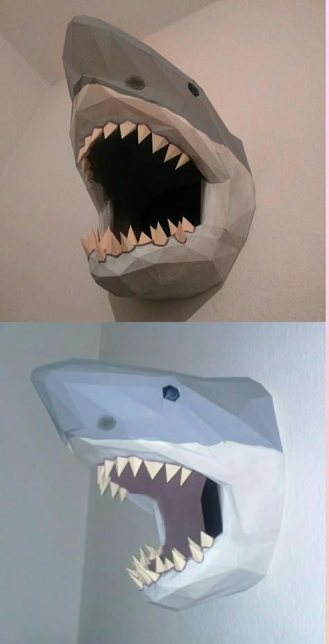 Cardboard Shark Head, Paper Mache Shark Head, Cardboard Sea Creatures, Cardboard Shark, Animal Head Sculpture, Shark Diy, Paper Mache Cardboard, Shark Room, Diy Paper Mache