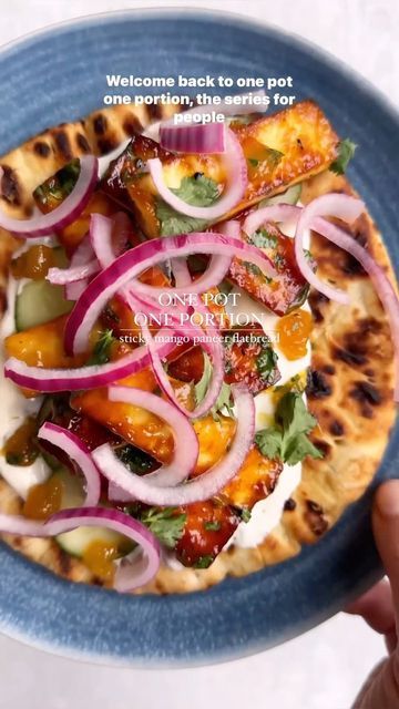 Eleanor Wilkinson on Instagram: "🥭One Pot, One Portion | Sticky Mango Paneer Flatbreads🥭 Feeling frazzled? Frantic? Slightly chaotic? Me too babes. Let me take one thing off your plate and tell you what to make for dinner! This sticky mango paneer flatbread. It’s quick, easy and requires minimal ingredients. Plus it’s bloody delicious. RECIPE: To make this, I start with a quick pickled onion. Thinly slice half a red onion, almost covered in a white vinegar. Add a little salt, a little sugar and top up with hot water. Leave to pickle while you make the paneer and any you don’t use can keep in the fridge for weeks. Then, simply fry 100g paneer in a little oil until golden then add 2 tbsp mango chutney and fry until extra golden and deliciously sticky. Sprinkle over some finely chopped Pickled Onion, What To Make For Dinner, Quick Pickled Onions, Quick Pickled, Mango Chutney, Paneer Recipes, Pickled Onions, Meal Recipes, Meatless Meals