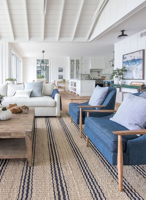 lake house living room blue green and white decor. striped jute rug Lake House Living Room, Coastal Living Rooms, Beach House Interior, Coastal Living Room, Lake House Decor, White Living Room, Blue Living Room, Boho Home, A Living Room