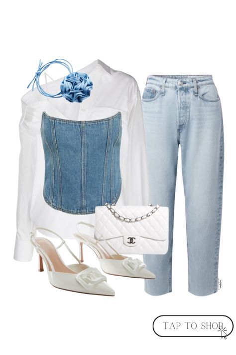 Denim And White Outfits Party, Denim Corset Outfit Ideas, Denim Outfits For Women Party, Corset And Jeans Outfit, Ss23 Trends, Denim Corset Outfit, White Corset Outfit, Blue Denim Outfits, White Denim Outfit