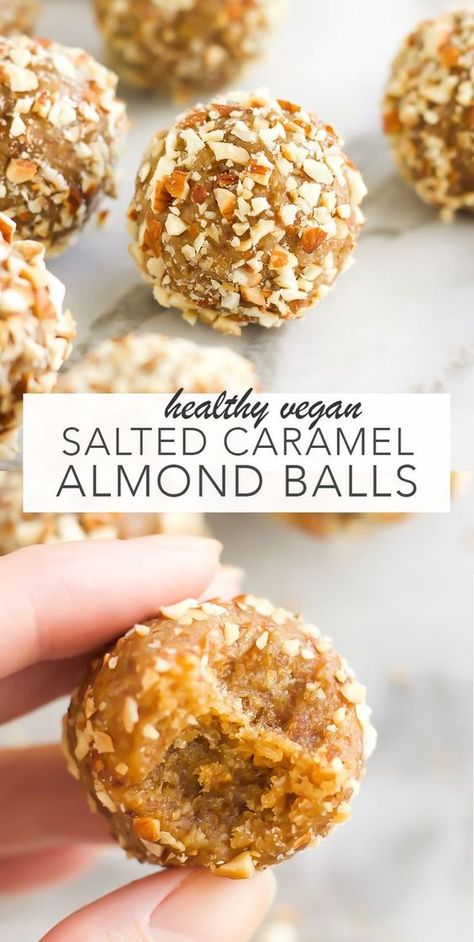 15 Tasty Vegan Energy Balls | Aglow Lifestyle Almond Balls, Deserturi Raw Vegan, Vegan Salted Caramel, Desserts Vegan, Snacks To Make, Makanan Diet, Almond Flavor, Energy Balls, Idee Pasto Sano