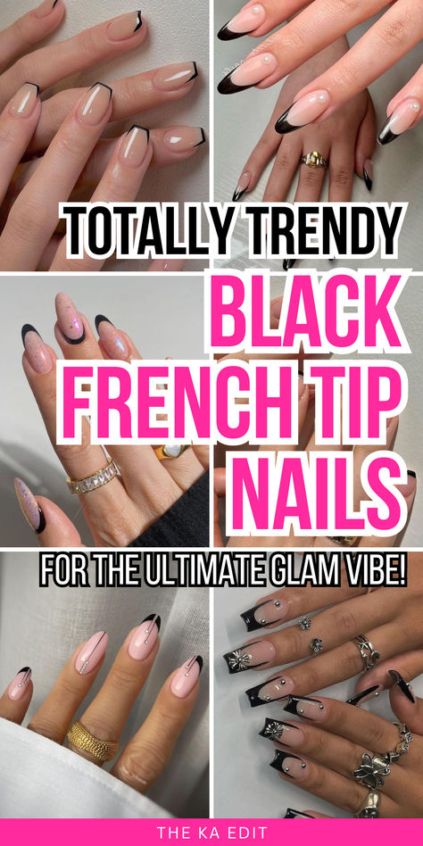 black French tip nails, black French tip nail designs. Black Nails With Colored Tips, Black Tip French, Black French Tip Design Nails, Black Tip Nail Ideas, Almond Nails With Black Tips, Black French Tip Nail Ideas, Black Textured French Tip Nails, Black Square French Tip Nails, Black French Tip Nails Coffin Medium