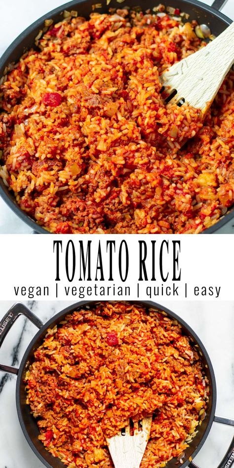 Tomato Rice is a super quick 15 minute meal that the whole family will love. A basic recipe made from pantry staples like tomato sauce and tomato paste. Serve this and you can be sure even the pickiest eaters will eat it. #vegan #dairyfree #vegetarian #freezermeals #mealprep #contentdnesscooking #tomatorice #basicrecipes Tomato Paste Recipe, Easy Mediterranean Recipes, Vegan Ground Beef, Vegan Casserole, Tomato Rice, Sauce For Rice, Leftover Rice, Dairy Free Diet, Healthy Comfort Food