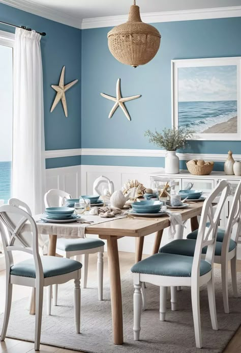 Ocean Theme Dining Room, Beach Theme Dining Room Table, Tropical Dining Room Ideas, Ocean Dining Room, Cozy Coastal Dining Room, Beach Theme Dining Room, Seaside Dining Room, Chic Dining Room Ideas, Dining Room Coastal