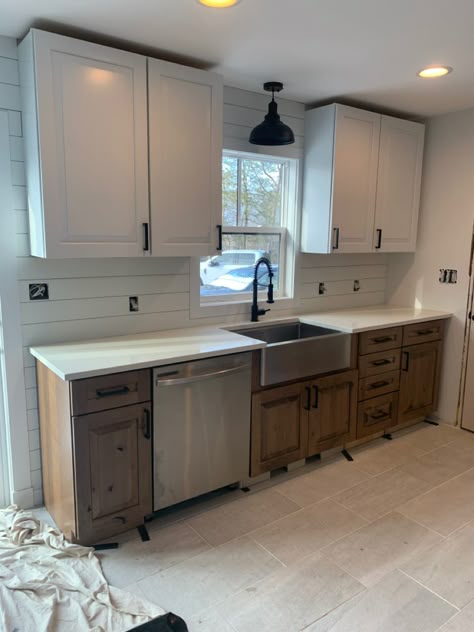 Small Kitchen Remodel Farmhouse Backsplash, Trailer Remodel Kitchen Mobile Homes, Shipman Backsplash, Backsplash Shiplap Kitchen, Small Kitchen Shiplap Wall, Farmhouse Shiplap Kitchen, Shiplap Tile Backsplash Kitchen, Shiplap In Kitchen Backsplash, Shiplap As Backsplash