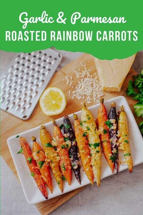 These roasted rainbow carrots with parmesan and garlic are an incredibly easy and delicious way to enjoy gorgeous multicolored carrots! Multi Colored Carrots, Rainbow Carrots Recipe, Rainbow Carrot Recipes, Assyrian Recipes, Colored Carrots, Carrots In Oven, Carrot Recipes Side Dishes, Carrot Pasta, Carrots Side Dish