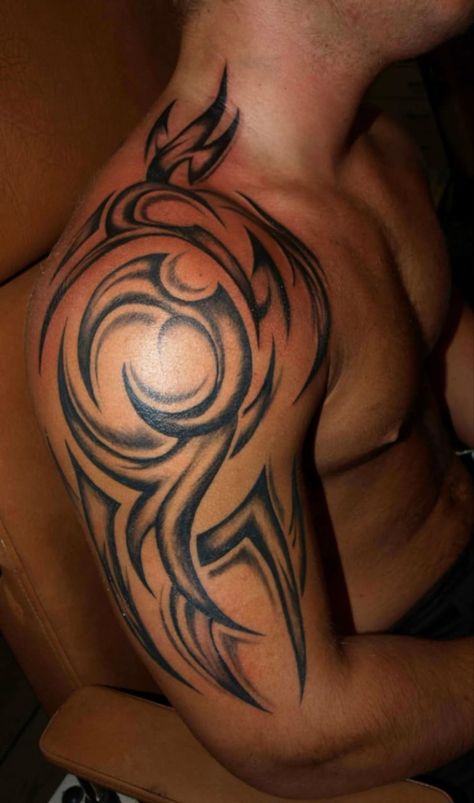 Arm Trible Tattoos, Celtic Shoulder Tattoo Men, Shoulder Chest Tattoo Men, 3/4 Sleeve Tattoo, Tattoo Chest And Shoulder, Shoulder Tattoo Men, Rip Tattoos For Dad, Trible Tattoos, Star Tattoos For Men