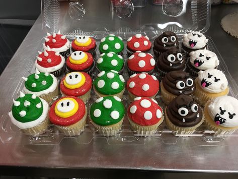 Bowser Cupcakes Mario Party, Mario Brothers Cupcake Ideas, Super Mario Toad Cupcakes, Mario Kart Birthday Party Cupcakes, Super Mario Birthday Party Decorations Cake Ideas, Mario Birthday Party Sweets, Simple Mario Cupcakes, Super Mario Bros Party Ideas Cake Mushroom Cupcakes, Mario Themed Birthday Cupcakes