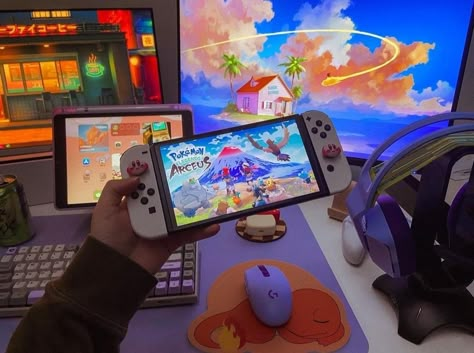 Portable Gaming Setup, Nintendo Setup, Pokemon Nintendo Switch, Pokemon Arceus, Retro Games Wallpaper, Doll Backgrounds, Rose Iphone Case, Gamer Setup, Cozy Gaming