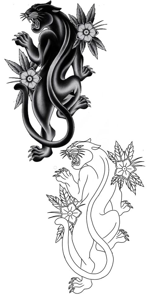 Black Panther Floral Tattoo, Year Of The Horse Tattoo Design, Panther Tattoo Thigh, Panther Neck Tattoo, Puma Tattoo For Women, Panther With Flowers Tattoo, Panther Back Tattoo, Panther Tattoo For Women, Traditional Panther Tattoo Design