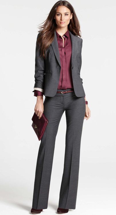 Ann Taylor Charcoal Grey Suit, with oxblood blouse Grey Pants Suits For Women, Charcoal Grey Outfits Women, Dark Gray Pants Outfit Women, Grey Suit For Women Outfit, Charcoal Grey Outfit, Grey Suit Outfits Women, Grey Womens Suit, Grey Suit Women, Gray Suit Women