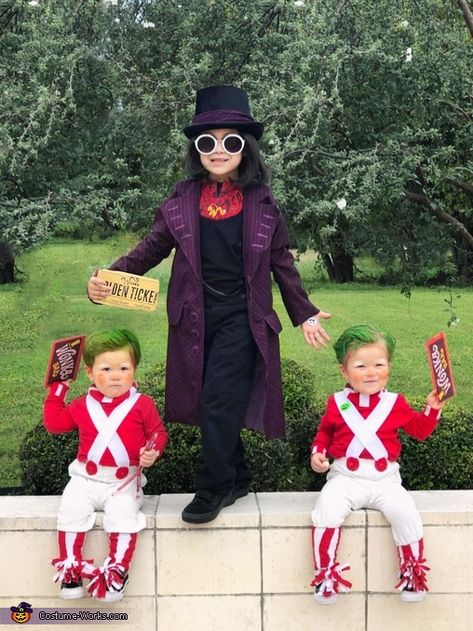 Willy Wonka and Oompa Loompas Costume Oompa Loompa Costume Diy, Oompa Loompa Costume, Diy Fantasia, Toddler Boy Halloween Costumes, Twin Costumes, Twin Halloween, Halloween Infantil, Twin Halloween Costumes, Oompa Loompa