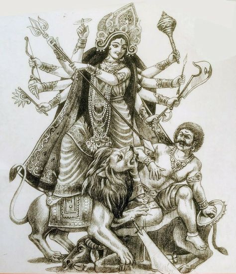 Maa Durga With Her Family Painting, Durga Maa Killing Mahisasur Drawing, Ma Durga Full Body Drawing, Bengali Durga Puja Drawing, Mahishasura Mardini Drawing, Sketch Of Maa Durga, Navratri Durga Mata Drawing, Ma Durga Pencil Sketch, Durga Painting Artworks Pencil