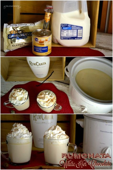 Crock Pot RumChata White Hot Chocolate - The Farmwife Drinks Crockpot Beverages, Rumchata Hot Chocolate, Rumchata Recipes, Rum Chata, White Hot Chocolate Recipe, Cookies Cupcake, Hot Drinks Recipes, Hot Chocolate Recipe, White Hot Chocolate