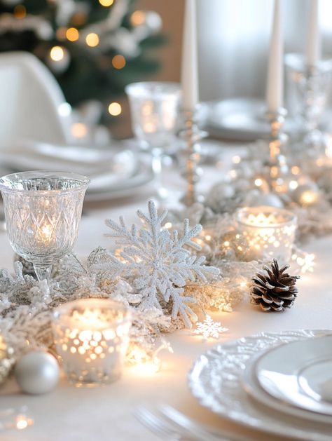 Transform Your Home 🌨️ with These White Xmas Magic Tips 🎅 - White Christmas Display Ideas, Christmas Winter Wonderland Tablescapes, White Christmas Decor Party, Snowflake Table Settings, White Christmas Decorating Ideas Winter Wonderland Table Decorations Christmas, Winter Tablescapes Elegant, French Christmas Tablescapes, Winter Wonderland Christmas Table Decor, Winter White Wedding Decor