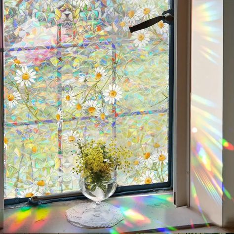 Colorful Daisy Birds Prismatic Window Film Reusable No - Temu Stain Glass Stickers, Window Film Pattern, Rainbow Daisy, Dream Bedroom Inspiration, Rainbow Window, Stained Glass Window Film, Decorative Window Film, Window Privacy, Window Films