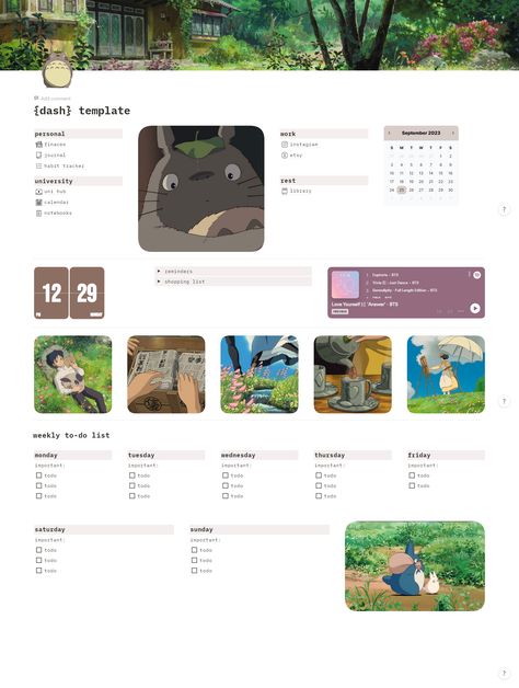 Notion Dashboard Template | Studio Ghibli themed Digital Diary Template, Studio Ghibli Notion, Notion Green, Green And Brown Aesthetic, Ghibli Notion, Teenager Wallpaper, Aesthetic Dashboard, Notion Dashboard Template, Notion Inspiration