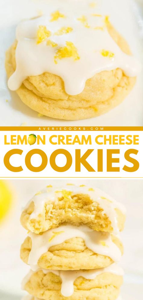 The perfect spring baked good! Your summer dessert ideas won't be complete without these Softbatch Glazed Lemon Cream Cheese Cookies. Super soft and slightly chewy, this lemon cookie recipe with lemon glaze is full of big, bold flavor! Lemon Stuffed Cookies, Lemon Cream Cheese Cookies, Lemon Dishes, Awesome Cookies, Cookies Lemon, Lemon Olive Oil Cake, Lemon Treats, Soft Cookies, Averie Cooks