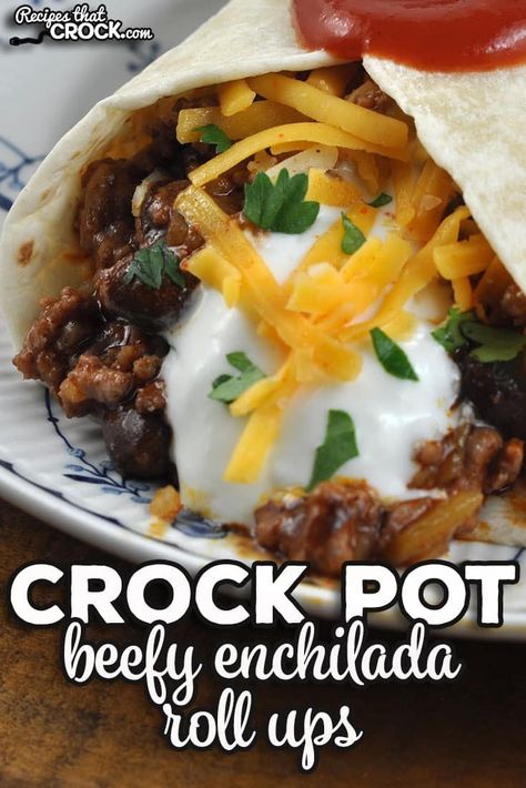 These Crock Pot Beefy Enchilada Roll Ups are a twist on traditional beef enchiladas and taste absolutely amazing! Enchilada Roll Ups, Slow Cooker Meal, Vegetarian Crockpot Recipes, Fresh Tortillas, Roll Ups Recipes, Stove Top Recipes, Vegetarian Crockpot, Beef Enchiladas, Pot Roast Recipes