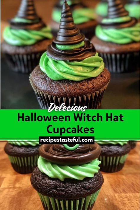 These Halloween Witch Hat Cupcakes are a fun and festive dark chocolate treat with a colorful cream cheese filling and topped with whimsical witch hat decorations. Ideal for Halloween parties, these cupcakes are sure to impress with their spooky yet delightful appearance. Witch Hat Cupcakes, Hat Cupcakes, Witch Cupcakes, Dark Chocolate Cupcakes, Haunted House Diy, Whimsical Witch, Spooky Snacks, Homemade Frosting, Natural Food Coloring