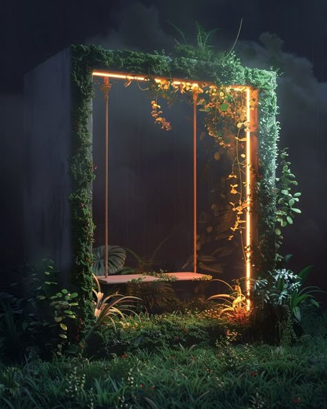 Magical or creepy?⁠ ⁠ ⁠ An open square box with plants and moss on the sides, inside there is an illuminated swing hanging from above, illuminated plants, grassy ground, volumetric light, dark background, rendered in the style of octane, hyper realistic. --ar 35:44 --v 6.0⁠ ⁠ ⁠ ⁠ ⁠ #thisisnotreal#aiphoto #aiphotography #promptphotography #artist #artistsoninstagram #photography #digitalart #art #scifiartwork #dnd5e #dystopian #fantasy #surreal #ethereal #magical #foliage Photography Sets, Scifi Artwork, Concert Stage Design, Plant Installation, Lush Plants, Enchanting Garden, Stage Set Design, Dj Booth, Garden Swing