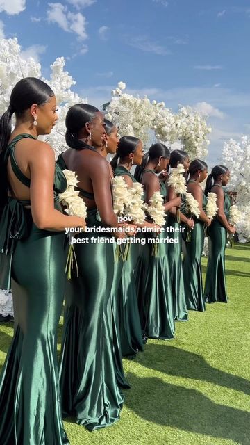 Satin Bridesmaids Dresses, Emerald Green Wedding Theme, Satin Bridesmaids, Hunter Green Wedding, Best Friend For Life, Emerald Green Bridesmaid Dresses, African Bridal Dress, Type Of Content, Green Themed Wedding