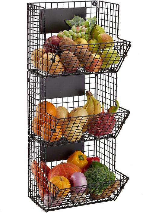 AmazonSmile - Wall Mounted Wire Basket Hanging Fruit Basket, 3 Tier Kitchen Storage Bins Fruit Vegetable and Pantry Organizier Stand, Produce Rack, Black, - Hanging Fruit Basket, Produce Bin, Tiered Fruit Basket, Storing Vegetables, Hanging Fruit Baskets, Wall Mounted Storage, Vegetable Storage, Fruit Storage, Fruit Stands