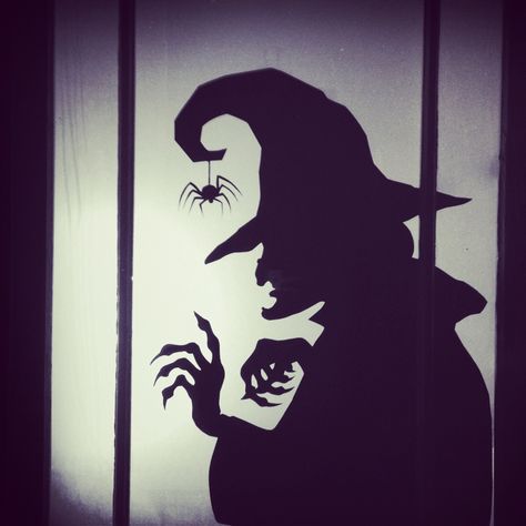 Homemade window stencil of a witch my friend made Window Shadow Halloween, Spooky Window Silhouettes, Window Silhouette Halloween, Halloween Window Silhouettes Diy, Halloween Window Ideas, Witch Stencil, Witch Window, Diy Halloween Window, Halloween Window Silhouettes