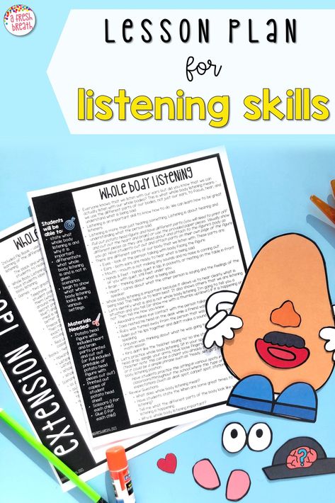 Grab this lesson plan on listening skills for a done for you direct teaching resource with lesson plan and listening activities. And if you aren’t sure if listening skills for kids is important or are looking for some examples, click now. Plus, there are listening activities for kids that will help you teach and improve this social skill. Ideal for kindergarten, first grade, or second grade or small group in special education or school guidance working on social skills. Listening Lesson Plans, Teaching Listening Skills Preschool, Listening Games For Kids, Active Listening Activities, Listening Skills Activities, Listening Activities For Kids, Social Skills Games, Emotional Activities, Good Listening Skills