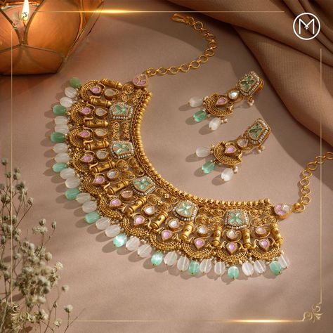 Resonate the cheer of the festival with the grandeur of this remarkable necklace. Magnificent in its make, impressive in its look, this extraordinary piece of jewellery is what you need to bring in the festive spirit. Visit your nearest Malabar Gold & Diamonds store to explore our precious festive collection. #MalabarWithYouInAllCelebrations #MalabarGoldandDiamonds #FestiveCollection #FestiveJewellery Malabar Gold Jewellery, Indian Bridal Jewellery Set, Bridal Jewellery Set, Kundan Jewellery Bridal, Jewelry Product Shots, Indian Bridal Jewellery, New Gold Jewellery Designs, Indian Bridal Jewelry Sets, Fancy Jewelry Necklace