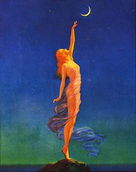 Impressioni Artistiche : ~ Maxfield Parrish ~ American artist, 1870-1966 Reaching For The Moon, Illustration Kunst, Soyut Sanat Tabloları, Arte Inspo, Ethereal Art, Art And Illustration, Moon Art, Spiritual Art, Pretty Art