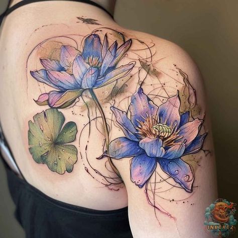 Blooming in July: The Beauty of Birth Flower Tattoos: 95 Designs - inktat2.com Watercolor Half Sleeve Tattoo, Lotus Flower Tattoo Watercolor, Blue Watercolor Tattoo, Periwinkle Tattoo, July Tattoo Ideas, Birth Flower For July, 3d Flower Tattoos, Flower For July, Watercolor Flower Tattoo