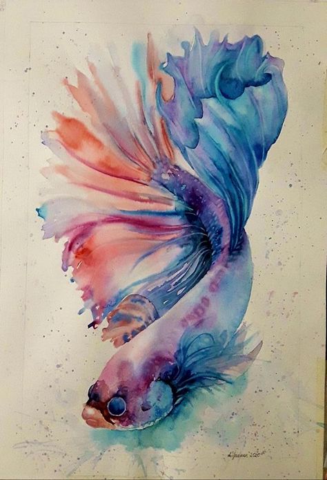 Betta fish art painting watercolor aquarium Watercolor Fish Tattoo, Fish Art Painting, Betta Fish Art, Art Fish Painting, Paint Therapy, Easy Drawing Step By Step, Memory Tattoos, Art Painting Watercolor, Fish Watercolor