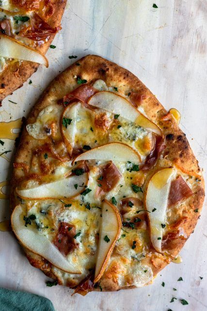 Hot Honey Pizza, Prosciutto Flatbread, Pear Prosciutto, Pear Pizza, Goats Cheese Flatbread, Honey Pizza, Naan Flatbread, Crispy Brussel Sprouts, Pancetta Pasta