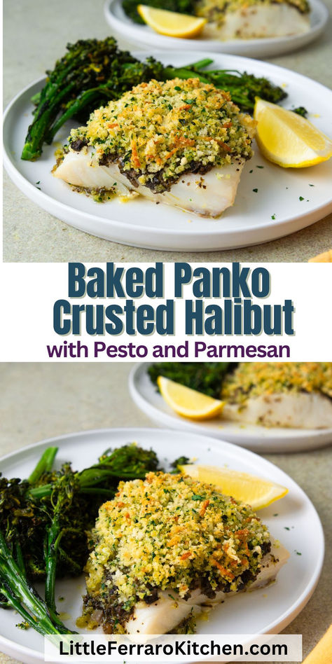 You only need a few simple ingredients and 20 minutes to make this delicious panko crusted halibut, with a crunchy exterior and a perfectly flaky interior. It combines the lightness of fresh halibut, with the aromatics of pesto, lemon, and parsley, and the crispy texture of panko breadcrumbs. Fish Pesto Recipes, Italian Halibut Recipes, Halibut With Pesto, Pesto Halibut Recipes, Halibut In Parchment Paper Recipes, Panko Halibut Recipes, Crusted Halibut Recipes, Panko Halibut, Panko Crusted Halibut