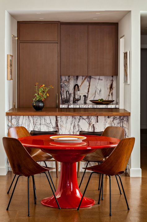 DINING — Sandra Weingort New York Loft, Dark Wood Cabinets, Design A Space, Red Table, Trendy Kitchen, Wood Chair, Architectural Digest, Contemporary Kitchen, Round Dining