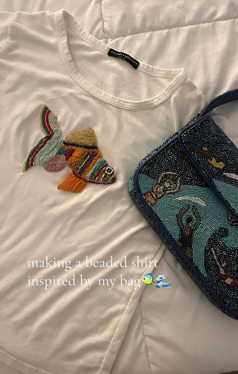 Beaded Embroidery On Clothes, Bead Embroidery Clothing, Embroidery With Beads On Clothes, Bead Embroidered Shirt, Beaded T Shirt, How To Embroider Beads, Beaded Tshirts, Beaded Embroidery Shirt, Beading Shirt