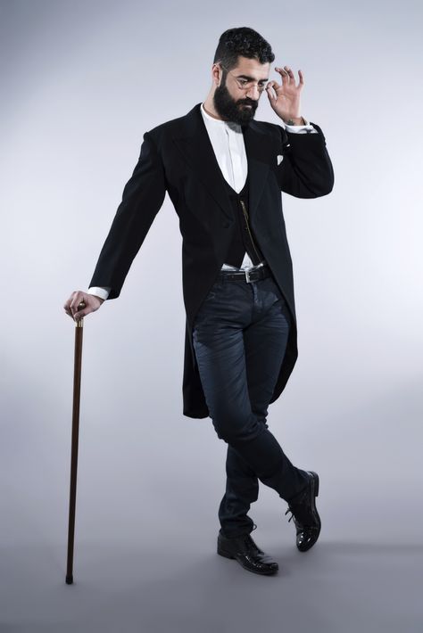 Man With Black Hair, Head On Hand, Walking Poses, 1900 Fashion, Mens Fashion Smart, Hipster Mens Fashion, Walking Cane, Standing Poses, Hipster Outfits