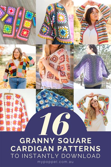 16 Easy to Crochet Granny Square Cardigan Patterns | My Poppet Makes Crochet Festival Cardigan, Gilet Granny Square, Granny Square Vest Pattern Free, Crochet Granny Square Vest, Granny Square Cardigan Pattern Free, Squared Clothes, Granny Square Pattern Free, Vest Pattern Free, Crochet Jacket Pattern