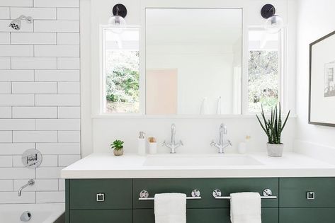 Green And Chrome Bathroom, Chrome Hardware Bathroom, Bathroom With Green Vanity, Painted Washstand, Small Farmhouse Sink, Cottage Style Bathrooms, Chrome Towel Bar, Green Kitchen Designs, Rustic Wood Floors