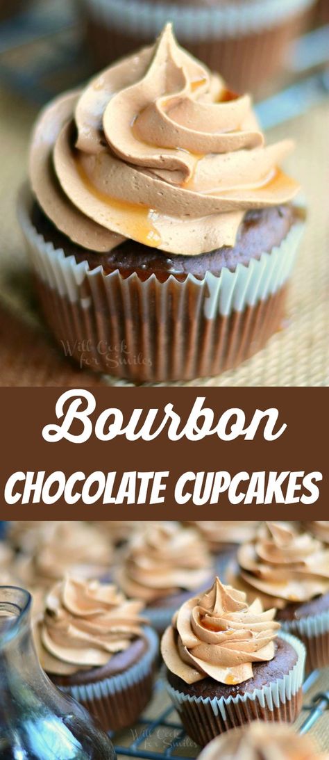 Bourbon Chocolate Cupcakes with Chocolate Buttercream Frosting topped with sweet Bourbon Glaze. These cupcakes are unbelievably delicious, soft, and sweet with lots of chocolate flavors and a hint of bourbon. #chocolate #cupcakes #dessert #frosting Sweet Bourbon Glaze, Bourbon Dessert, Whiskey Cupcakes, Bourbon Cupcakes, Boozy Baking, Frost Cupcakes, Bourbon Chocolate, Boozy Cupcakes, Chocolate Roll Cake