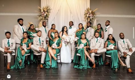 Green And Champagne Wedding Theme, Groomsmen Attire Green, Emerald And Champagne Wedding, Rose Gold Suit, Champagne Wedding Themes, Black People Weddings, Groomsmen Tuxedos, Green Weddings, Gold Suit